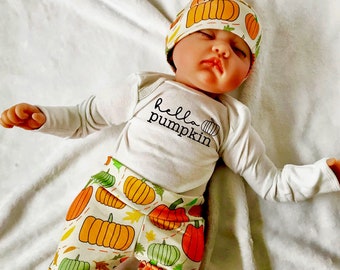 Fall coming home outfit, Pumpkin baby clothing, hello pumpkin, newborn pumpkin outfit, little pumpkin baby outfit, fall baby gift