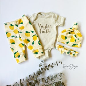 Lemon baby coming home outfit,  Lemon baby girl outfit, baby girl pants lemons, Summer baby lemon outfit, Baby girl lemons outfit