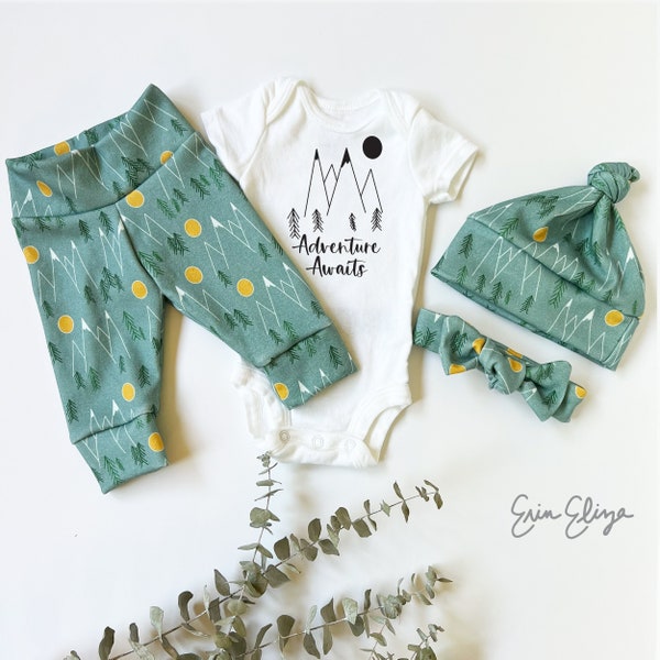 Adventure Awaits Baby Outfit: Mountain Print, Outdoors Theme