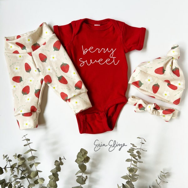 Strawberry coming home outfit, Strawberry sweet girl outfit, baby girl pants strawberries, Summer baby berry outfit, berry baby shower