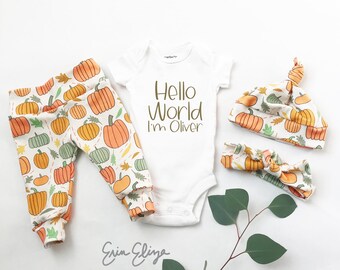 Going Home Outfit FVB017P FVH017P HAND EMBROIDERED Bodysuit Onesie Hand Knit Beanie Hat for Newborn Infant Pumpkin New Baby Gift Set