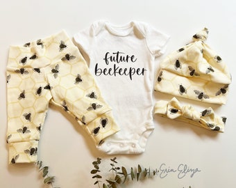 Tenue bébé apiculteur, tenue bébé amateurs d'abeilles, cadeau bébé apiculteur, tenue abeille non sexiste, baby shower bourdon, cadeau bébé abeille