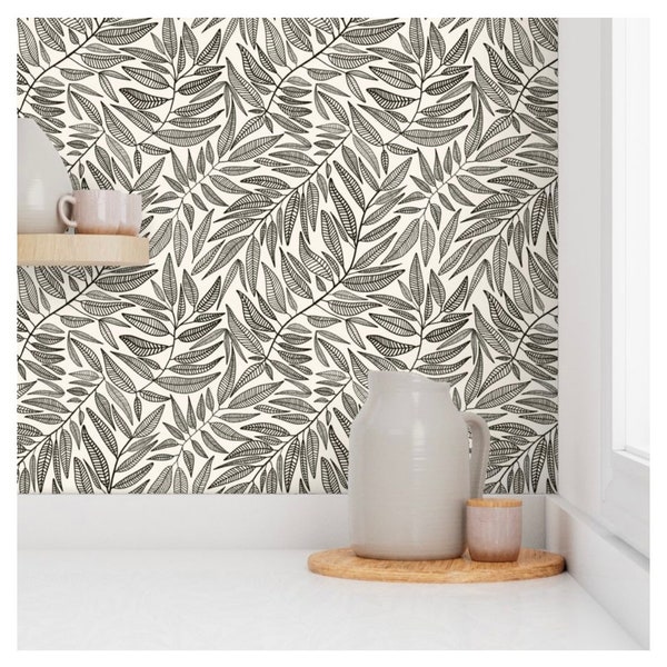 Black and cream botanical leaves wallpaper, Simple modern wallpaper, Botanical drawer liners, Neutral wallpaper, gender neutral wallpaper