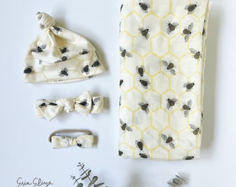 Bee muslin swaddle, bee baby shower, honey bee swaddle, baby bee coming home outfit, gender neutral bee outfit, bee coming home outfit