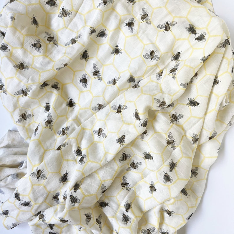 Bee baby gift, bee baby shower, honey bee swaddle, little honey bee coming home outfit, gender neutral bee gift, bee muslin swaddle image 4