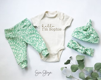 Botanical baby outfit, Leaf baby leggings, Green botanical baby girl coming home outfit, Newborn leggings, Baby girl green outfit