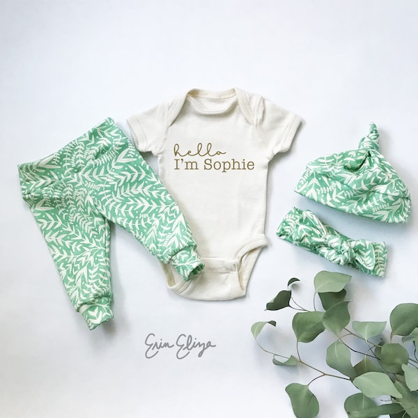 Botanical baby outfit, Leaf baby leggings, Green botanical baby girl coming home outfit, Newborn leggings, Baby girl green outfit