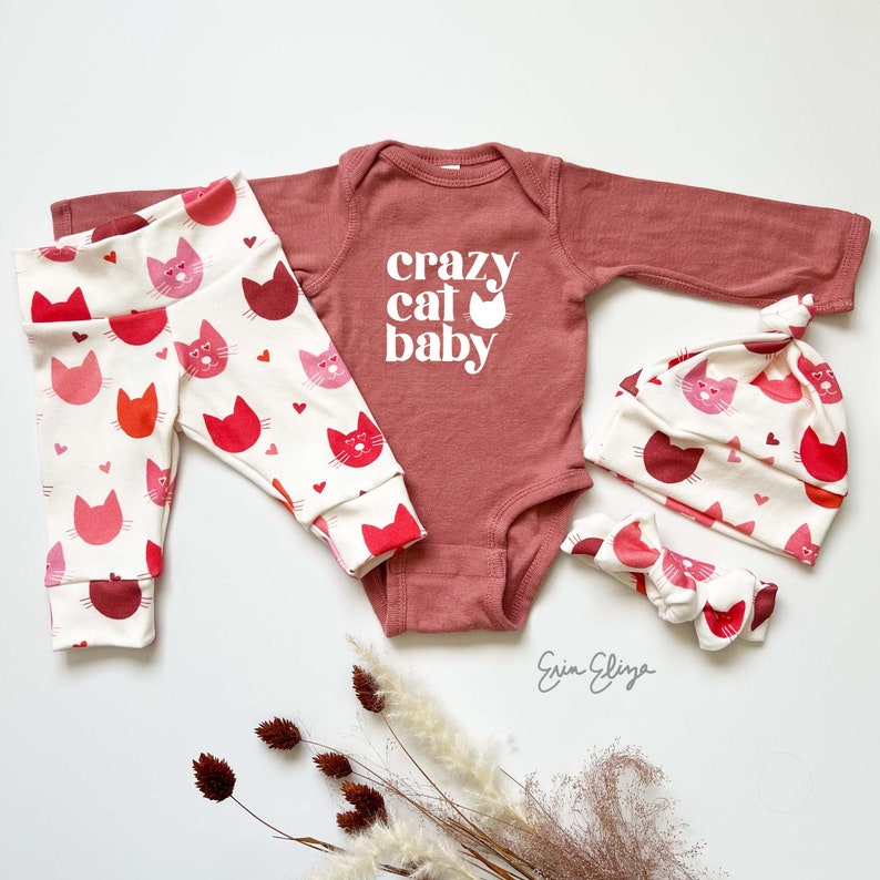 Crazy cat baby girl, Cat Valentine's Day outfit, Valentine's baby coming home outfit, Baby girl Valentine baby gift, Cat baby girl gift image 6