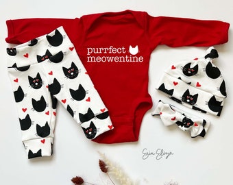 Purrfect meowentine cat baby, Cat Valentine's Day outfit, Valentine's baby coming home outfit, Gender neutral Valentine baby gift, Cat baby