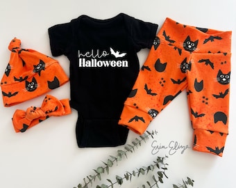 Hello Halloween baby outfit, Cat bat baby clothing, Cat Halloween baby, newborn Halloween clothing, Cat bat baby gift, baby boy halloween