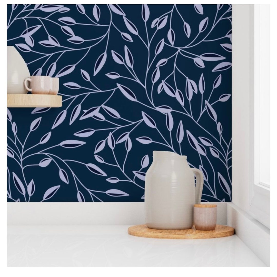 Navy Blue Botanical Leaves Wallpaper, Dark Wallpaper, Botanical Drawer