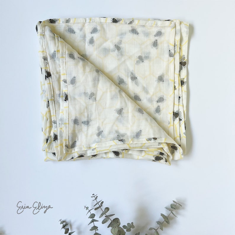 Bee baby gift, bee baby shower, honey bee swaddle, little honey bee coming home outfit, gender neutral bee gift, bee muslin swaddle image 9