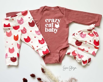 Crazy cat baby girl, Cat Valentine's Day outfit, Valentine's baby coming home outfit, Baby girl Valentine baby gift, Cat baby girl gift