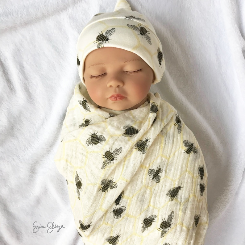 Bee baby gift, bee baby shower, honey bee swaddle, little honey bee coming home outfit, gender neutral bee gift, bee muslin swaddle image 1