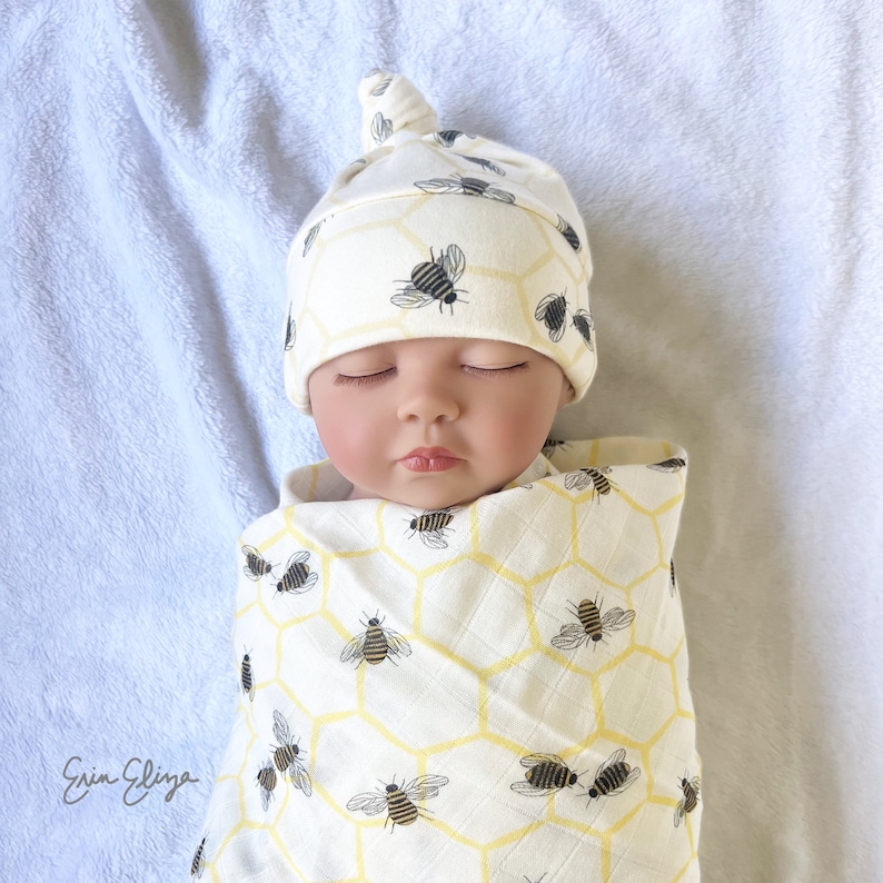 Bee baby gift, bee baby shower, honey bee swaddle, little honey bee coming home outfit, gender neutral bee gift, bee muslin swaddle image 7