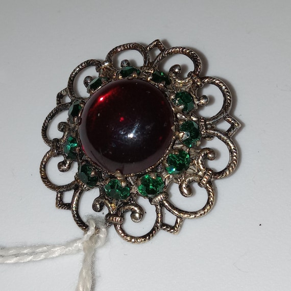 VTG Brooch - Intricate Design Pin with Ruby Red a… - image 4