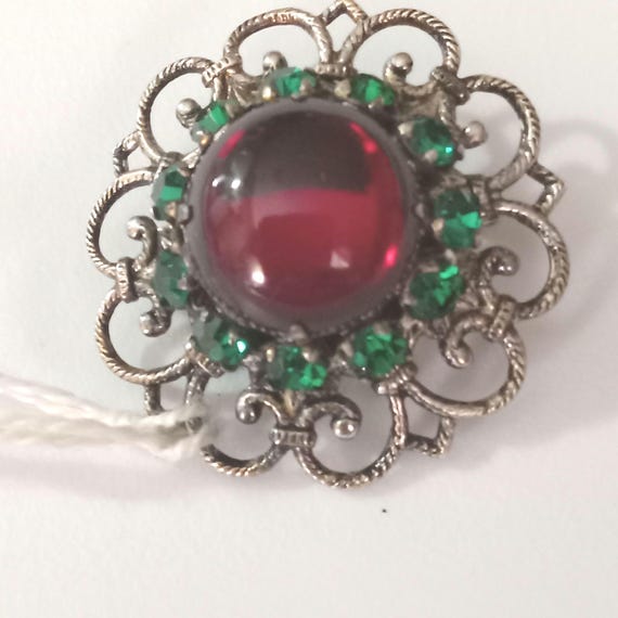 VTG Brooch - Intricate Design Pin with Ruby Red a… - image 1