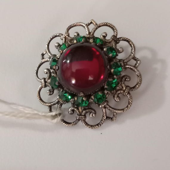 VTG Brooch - Intricate Design Pin with Ruby Red a… - image 5