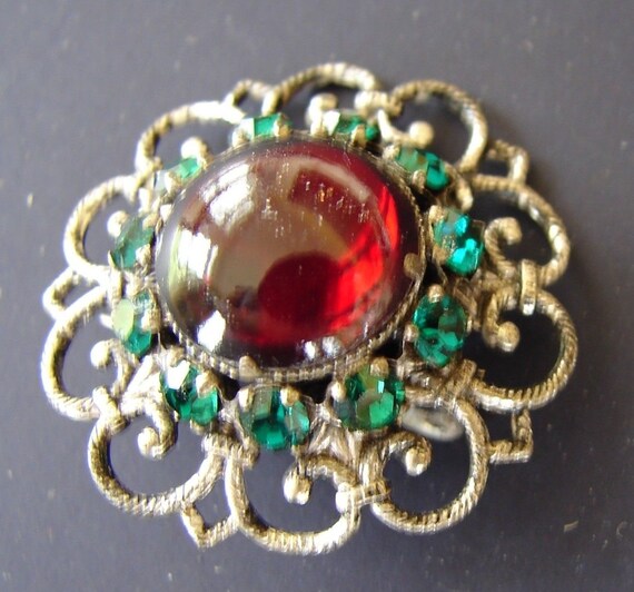 VTG Brooch - Intricate Design Pin with Ruby Red a… - image 6
