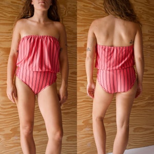 vintage 1970s 1980s jantzen strapless pink pinstripe swimsuit made in usa