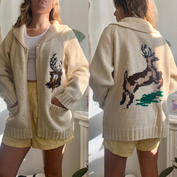 vintage 1960s deer hunter cowichan style intarsia