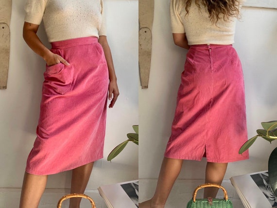vintage 1940s 1950s hot pink corduroy pencil skirt