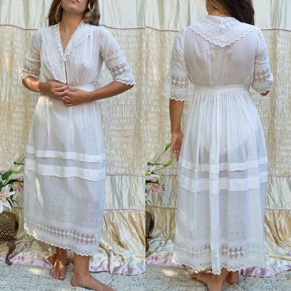 1900s Hand Embroidery Lawn Linen Dress