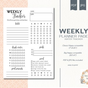 Könnte beinhalten: Druckbare wöchentliche Planerseite mit einem Wasser-Tracker, einem Habit-Tracker, Zielen, einem Mood-Tracker und einem Good-Moments-Tracker. Der Planer ist kompatibel mit Classic Happy und Big Happy Planern. Die Seite ist einfach auszudrucken und enthält PDF- und JPG-Dateien.