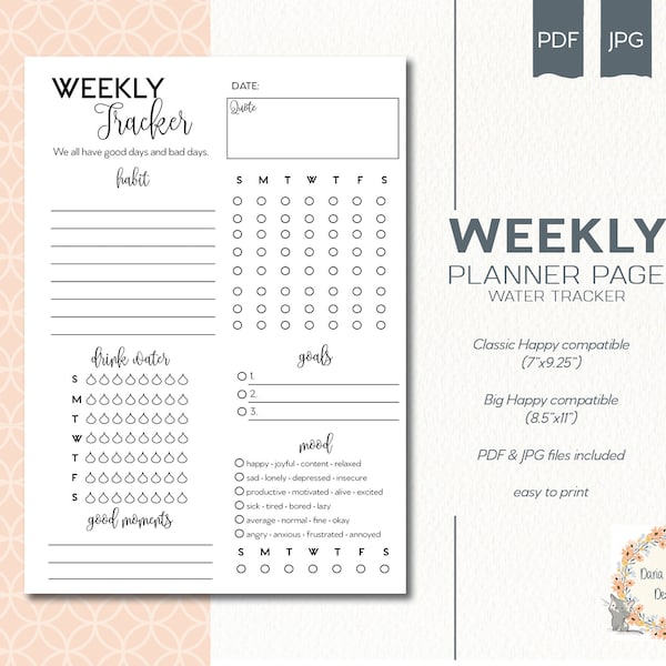 Weekly Planner  Habit Tracker Goals Tracker Mambi Classic HP Big Happy Planner PDF Printable Inserts