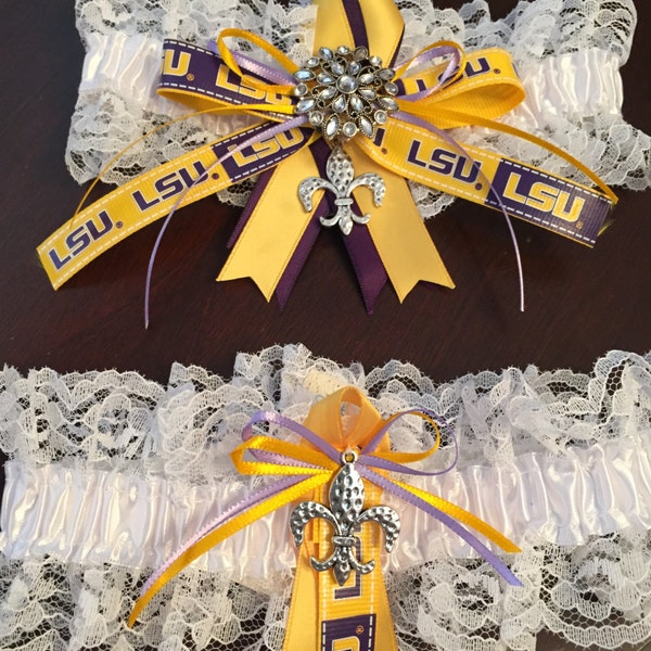 LSU Inspired Garter- rhinestone and Fleur de lis-Ooh La La! 2 pc. Garter Set