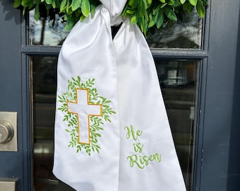 Wreath Sash - Easter Cross with Vine-  He is Risen Monogrammed