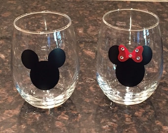 Mickey & Minnie Wine Glass Set - Wedding Gift - Bridal Shower - Engagement - Disney - Minnie Mouse - Mickey Mouse - Stemless Wine Glass