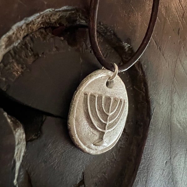 Beautiful handcrafted Fine Silver Menorah necklace on leather cord- wire polished