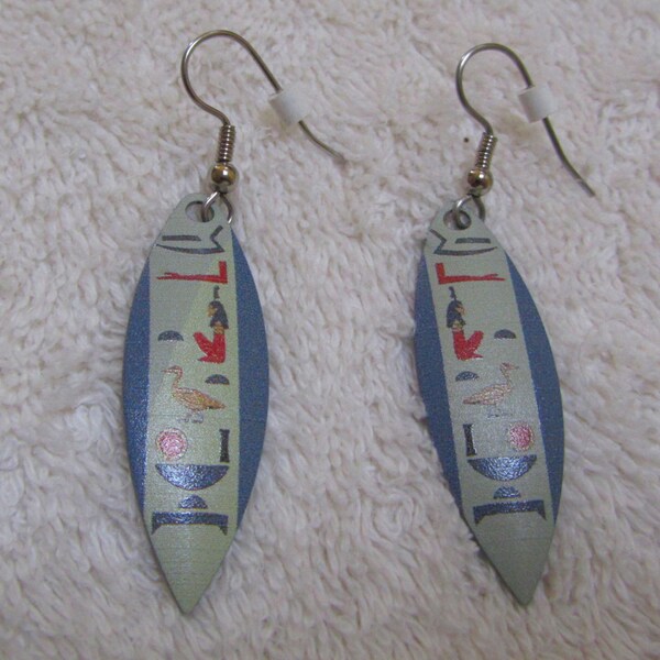 Egyptian Hieroglyph Earrings, vintage, SP ear wires, Maat cartouche, museum store purchase, 2 1/4” dangle,colored image on metal leaf, Truth