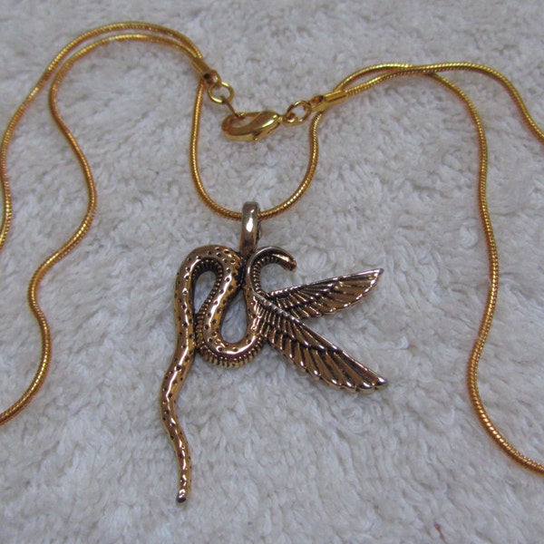 Egyptian Winged Serpent Pendant, winged snake charm, 20 inch gold plate rope chain, vintage, guardian, protector, symbol, Mesoamerica