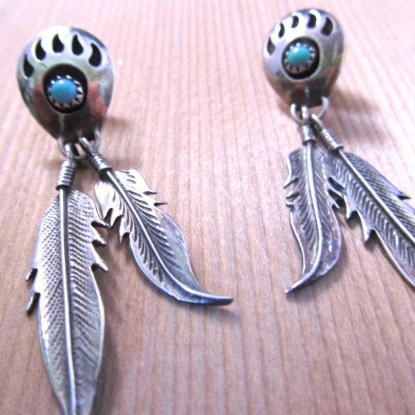Southwestern Jewelry, Bear Claw Earrings, Turquoise cabs, Sterling Silver, Post earrings, 2 feathers, vintage 2 5/16" dangle, unsigned