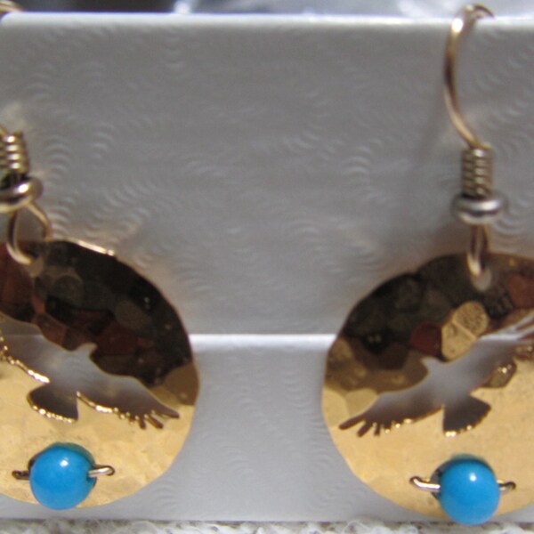 Wild Bryde Jewelry, Hawk Earrings, Turquoise bead, vintage, 14k gold-filled wires, hammered gold plate disk, hawk, thunderbird, southwestern