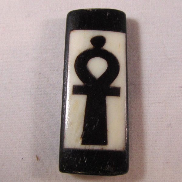 Ankh, Bone Bead, Ankh inlay on both sides, organic bead, 1 1/2 inch long, dark brown and white, bead supply, jewelry supply