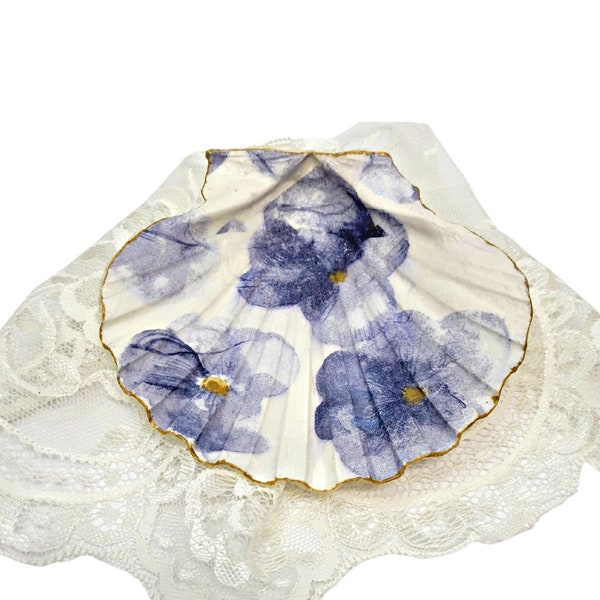 Scallop Shell Ring Dish | Decoupage Shell Decor | Jewelry Dish | Trinket Dish | Purple and Gold Floral Cottage Core French Country Decor