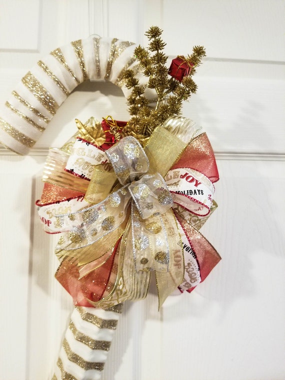 Candy Cane Wreath Candy Cane Door Hanger Front Door Decor Christmas Wreath Holiday Wreath Sparkling Gold Candy Cane Twisted Oak Boutique