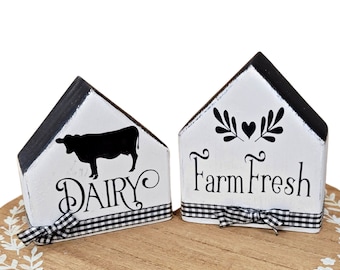 Farmhouse Miniature Wood House | Tiered Tray Mini Block House | Dairy Cow Sign | Farm Fresh Sign | Coffee Bar Display | Farm Shelf Sitter