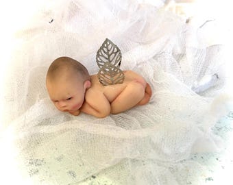 Polymer clay baby angel  ooak art doll,dollhouse,fairy garden,,gift,pixie elf mystical fairy wings,baby doll ornament sculpt fimo