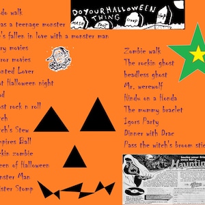 Puede incluir: Un fondo naranja con una cara de calabaza negra. El texto "DO YOUR HALLOWEEN THING" est&aacute; en la parte superior de la imagen. Una lista de actividades con tem&aacute;tica de Halloween est&aacute; en los lados izquierdo y derecho de la imagen. Una estrella verde con una estrella amarilla dentro est&aacute; en la esquina superior derecha.