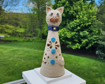 Handmade Ceramic Cat Luminary |Whimsical Pottery Cat Lantern with Cutouts & Blue Button Details