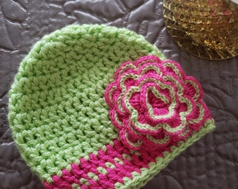 Handmade crochet winter beanie green and pink with large flower, girl crochet hat  3 to 6 months