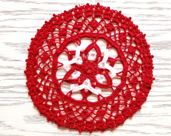 Handmade red and white 8 inch doily,100% mercerized Cotton   small doily,  spring, summer, Easter,