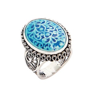 Bold Porcelain Silver Ring Size 4.5-11, 925 Sterling Designer Filigree Choice of Blue. Red, Black Porcelain, Collector's Ring , Gift Boxed