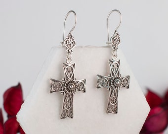 Silver Cross Earrings, 925 Sterling Silver Artisan Crafted Filigree Dangle Drop Cross Earrings Christian Religious Jewelry Gifts for Her