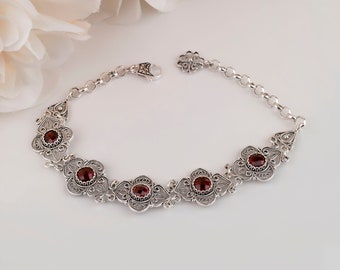 Genuine Garnet Gemstone 925 Sterling Silver Handmade Artisan Crafted Filigree Bracelet Women Jewelry Gifts Boxed for Her Sizes P S M L