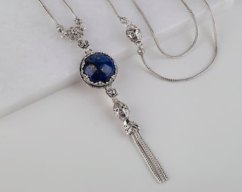 Lapis Lazuli Silver Necklace,925 Sterling Silver Blue Lapis Lazuli Gemstone Adjustable Tassel Necklace 20" + 2" Ext Gift Boxed for Her